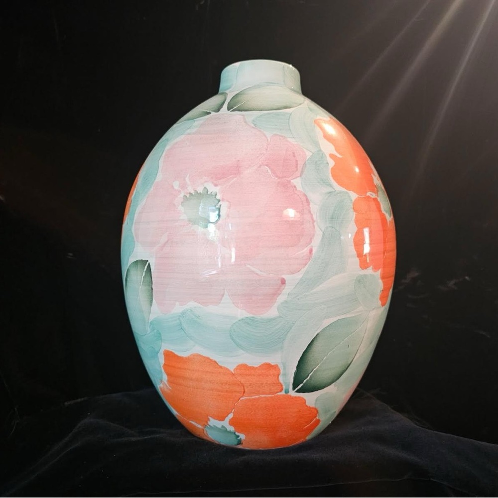 Floral Ceramic Vase with Orange and Green Accents